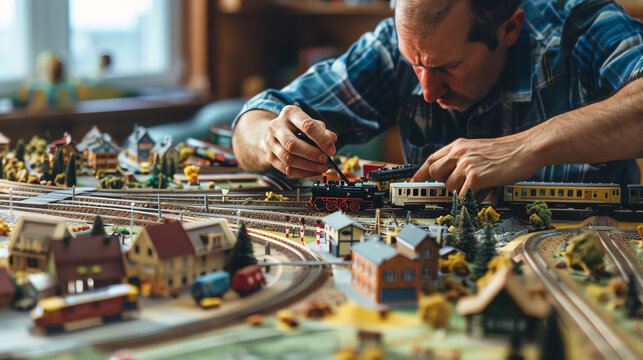 Enthusiast setting up a model train on a large geographical map, highlighting the integration of train routes with real-world locations.