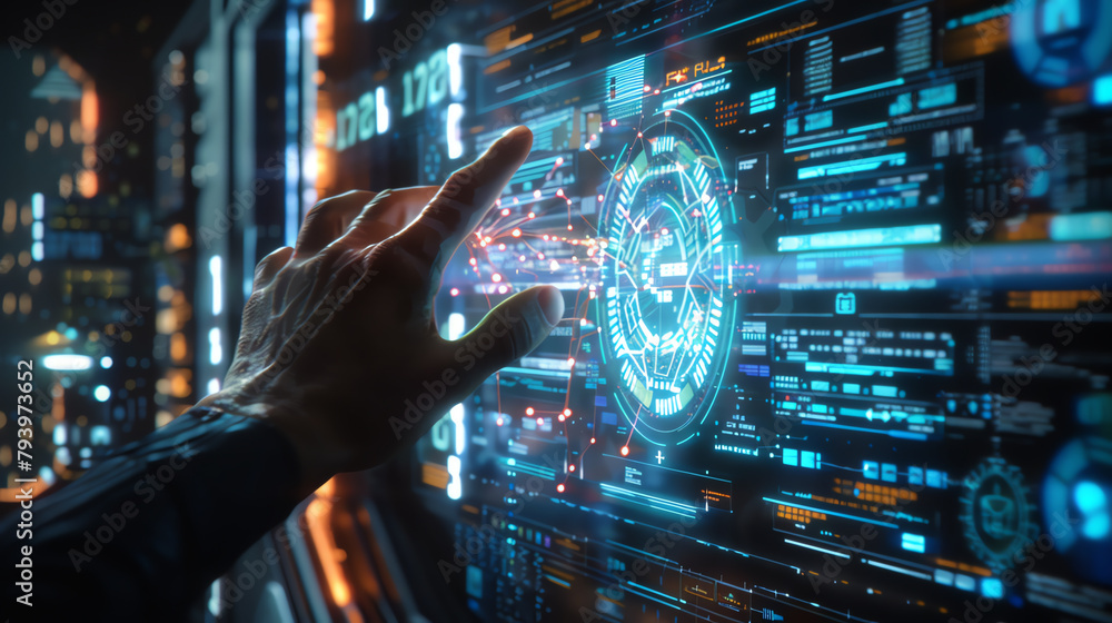 Poster futuristic scene of a hand manipulating a holographic display of data flow, with bright lines and no