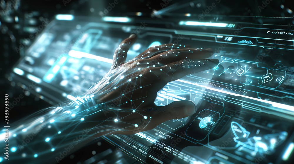 Poster futuristic scene of a hand manipulating a holographic display of data flow, with bright lines and no