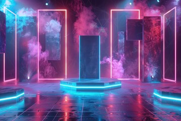 Abstract background with neon lights, podium for product display