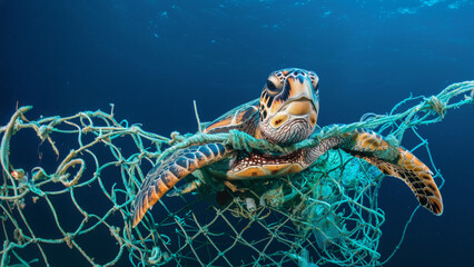 Obraz premium Tortue marine prise dans les mailles d'un filet de pêche dû à la pollution des océans
