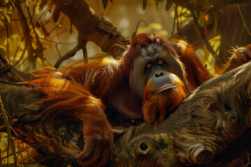 An orangutan lounges in the treetops.