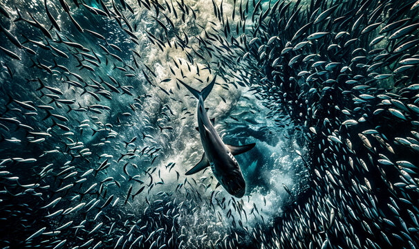 Le requin en train de chasser dans un banc de sardine en plein oc&eacute;an