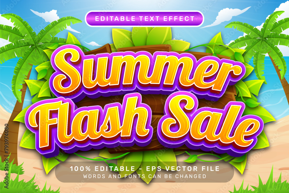 Poster summer flash sale 3d text effect and editable text effect with a beach background