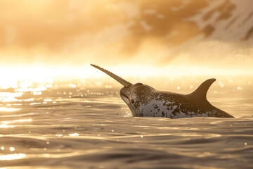 A solitary narwhal breaches the surface of the Arctic waters.