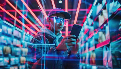 A man is holding a cell phone in a neon-lit room by AI generated image