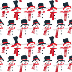 Winter pattern. Seamless print with cute snowmen. Different snowmen in black hats and red scarves. Christmas background. Crowd of snowmen. Vector illustration