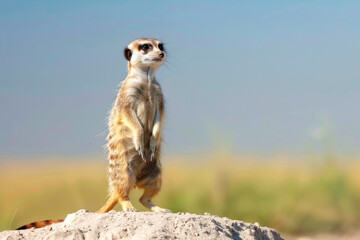 A meerkat stands alert on its hind legs, scanning the horizon with its keen eyes for signs of danger. - obrazy, fototapety, plakaty