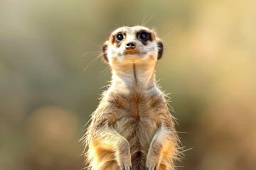 A meerkat stands alert on its hind legs, scanning the horizon with its keen eyes for signs of danger. - obrazy, fototapety, plakaty