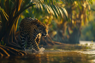 A jaguar prowls along the banks of a jungle river. - obrazy, fototapety, plakaty