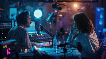 An atmospheric shot of a woman radio host and her male guest deep in conversation, surrounded by...