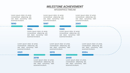 Milestone Achievement Infographic Timeline with 10 Steps and Editable Text on a 16:9 Layout for Business Presentations, Management, and Evaluation.