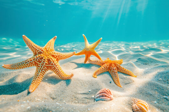 A group of starfish moves slowly across the sandy ocean floor.