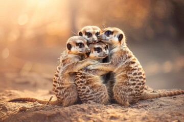 A group of meerkats huddles together in the warmth of the sun.