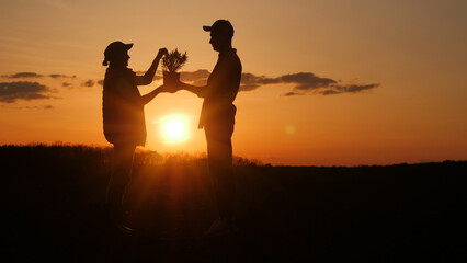 Two farmers with a seedling in their hands stand in a field at sunset