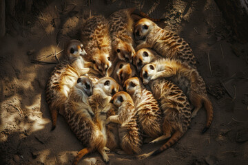 A group of meerkats huddles together in the warmth of the sun. - obrazy, fototapety, plakaty