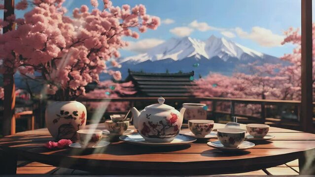 wooden table for a traditional Japanese tea party with a panoramic view of the beauty of the mountains and cherry blossom trees