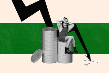 Trend artwork sketch collage of young lady suffer headache hold hand sit on huge pile coins arrow...