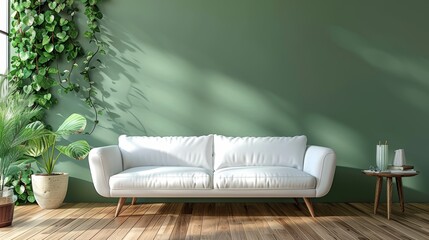 Tranquil mid-century setting with a minimalist white sofa, a touch of greenery on a green wall, and classic wood floors, promoting an eco-friendly lifestyle - obrazy, fototapety, plakaty