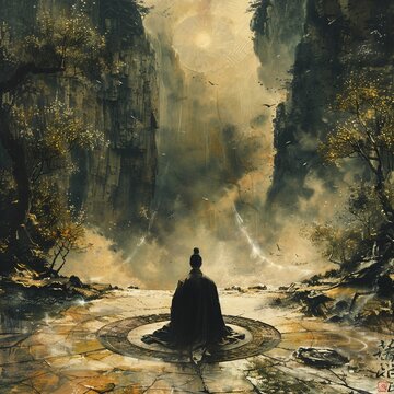 A Chinese Taoist priest performing a ritual with a Bagua mirror, reflecting and manipulating the flow of Qi energy in a mystical landscape