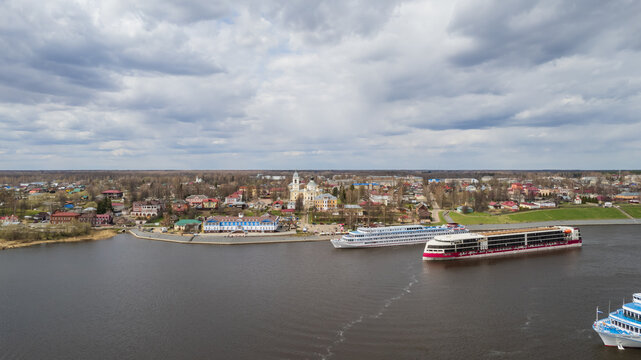 Aerial view of the city of Myshkin and the Volga river. Russia. High quality photo