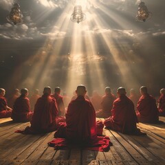 A group of Tibetan monks chanting in unison, creating a powerful sonic vibration to dispel negative energies and promote spiritual healing - obrazy, fototapety, plakaty