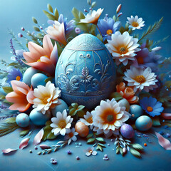 A blue Easter egg is creatively placed among blooming flowers and eggs, showing a beautiful combination of art, nature and organic organisms