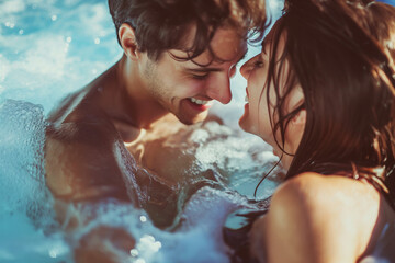 Close up of a couple in love in the whirlpool and enjoying the moment together, love concept - obrazy, fototapety, plakaty