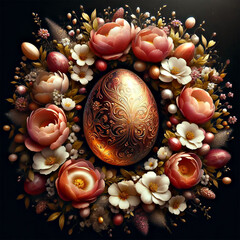 A ornament, resembling a golden egg, is intricately placed in the center of a wreath of flowers. The artwork is a beautiful holiday decoration