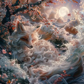 A Japanese Kitsune shapeshifter transforming from human to fox form amidst a flurry of cherry blossoms and moonlight