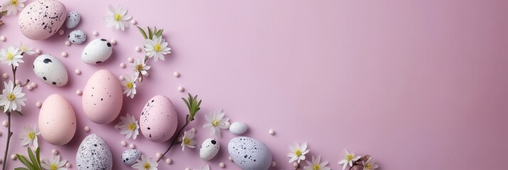 An Easter-themed composition with pastel eggs and daisy flowers scattered on a pink background
