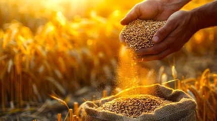 Fotobehang Golden Hour in the Wheat Field: A Hand Sifting through Grains. Harvest Time, Agricultural Scene Captured in Warm Light. Simple Rural Elegance. AI © Irina Ukrainets