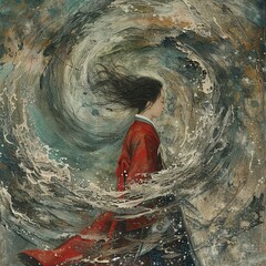A Korean shaman in a trance, her hanbok flowing around her as she floats amidst a swirling vortex of ancestral spirits