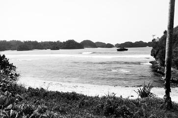 A black and white landscape view of a tropical bay with small islands and a ship in the distance.