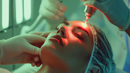 Medical professional using a laser for dermatological treatment on a patient, showcasing the clinical application of lasers in cosmetic procedures.