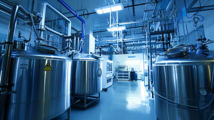 Modern biotech facility showcasing large fermenters used for the cultivation of microorganisms, vital for producing pharmaceuticals and biofuels.