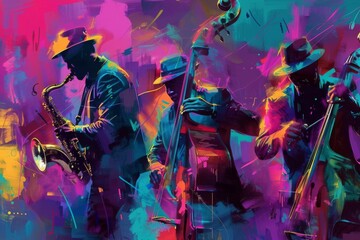 abstract jazz musicians playing solo instruments colorful artistic illustration digital painting background - obrazy, fototapety, plakaty