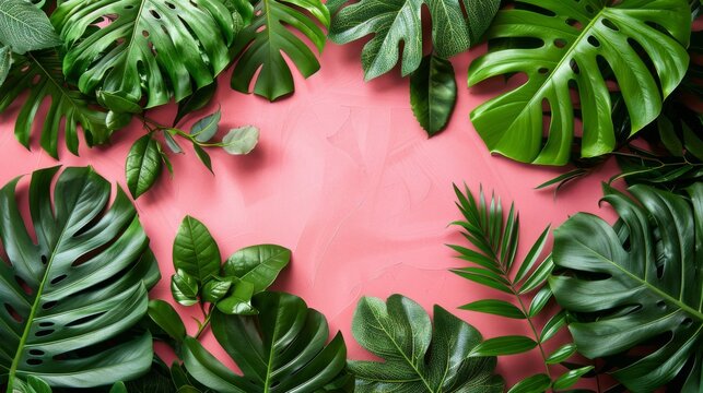 Overhead view of lush tropical leaves artistically arrayed against a bright pink backdrop, symbolizing exotic nature and creative designs