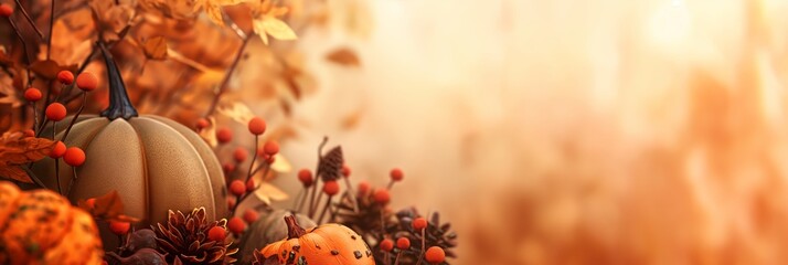 A warm Thanksgiving setting featuring pumpkins, leaves, and berries, invoking a sense of gratitude and abundance during autumn - obrazy, fototapety, plakaty