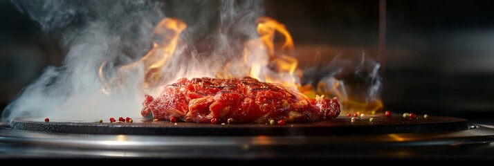 A perfectly seasoned steak is cooking amidst flames, highlighting the intense textures and vibrant energy of the cooking process
