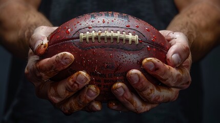 A close-up photo of dirty male hands holding a rugby ball. - Powered by Adobe