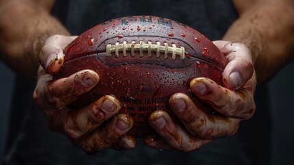 Obraz premium A close-up photo of dirty male hands holding a rugby ball.