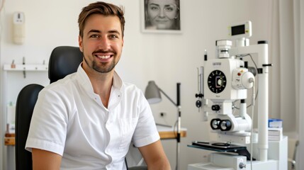 A young optician sits in a chair and smiles.