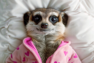 Top view meerkat in pink heart pajama snuggling in soft bed - cozy sleep and bedtime