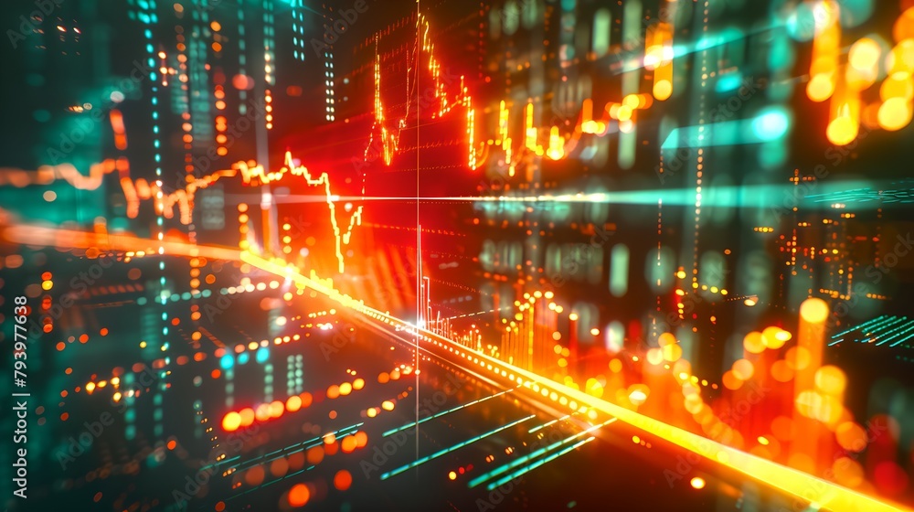 Poster dynamic financial charts and graphs with neon lights. data analysis visualization. stock market tren