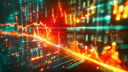 Fototapeta premium Dynamic Financial Charts and Graphs with Neon Lights. Data Analysis Visualization. Stock Market Trends. Modern Business Concept. Digital Economy Representation. AI