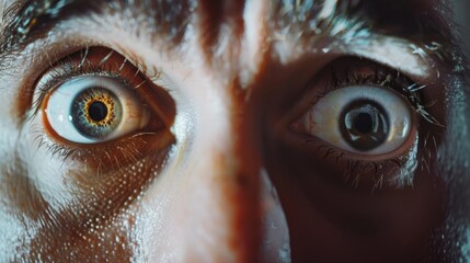 A close-up of a man suffering from conjunctivitis or eye flu with wide-open eyes