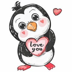 Loving pet penguin. I love you. Declaration. Red heart. Valentine's Day. Favorite people. Confession. Wedding.