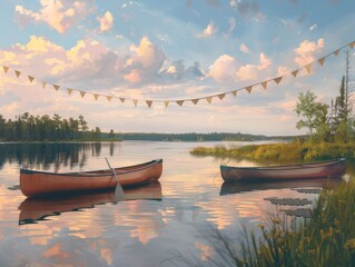 panoramic lake viewcanoes in summer serene waters nature landscape.