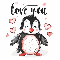 Loving pet penguin. I love you. Declaration. Red heart. Valentine's Day. Favorite people. Confession. Wedding.